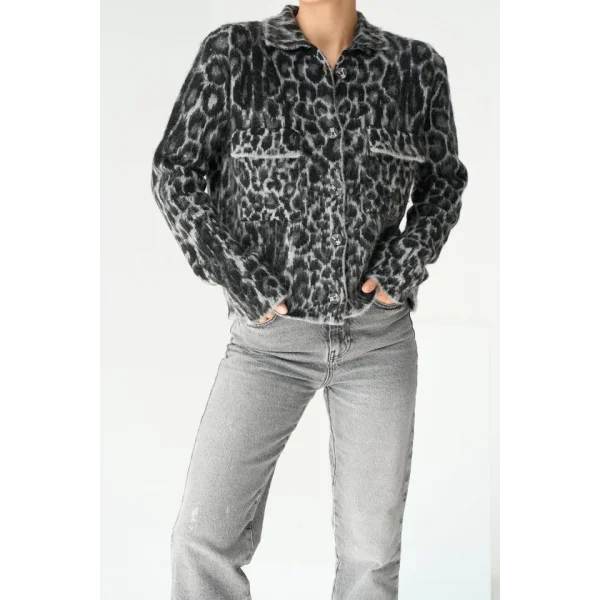 Leopar Desen Jakarlı Hırka  SiyahAçık Gri