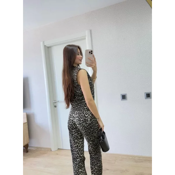 leopar desenli Düğmeli Bluzlu Pantolon İkili Takım -Leopar