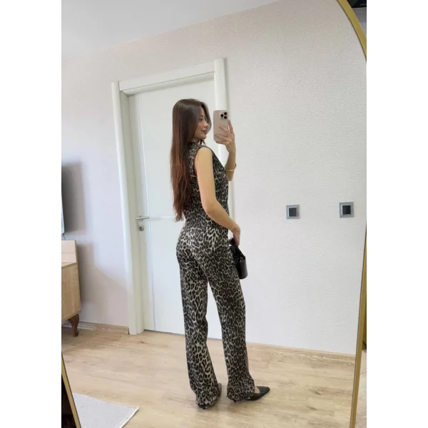leopar desenli Düğmeli Bluzlu Pantolon İkili Takım -Leopar