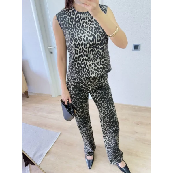 leopar desenli Düğmeli Bluzlu Pantolon İkili Takım -Leopar