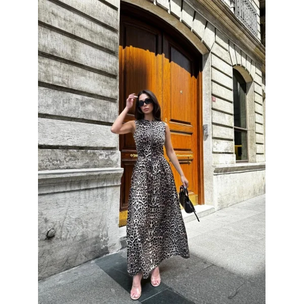 Leopar Desenli Fermuarlı Cepli Pileli Kadın Midi Elbise- Leopar