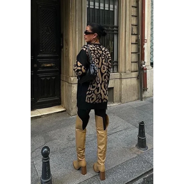 Leopar Desenli Yırtık Detaylı Kazak 1344