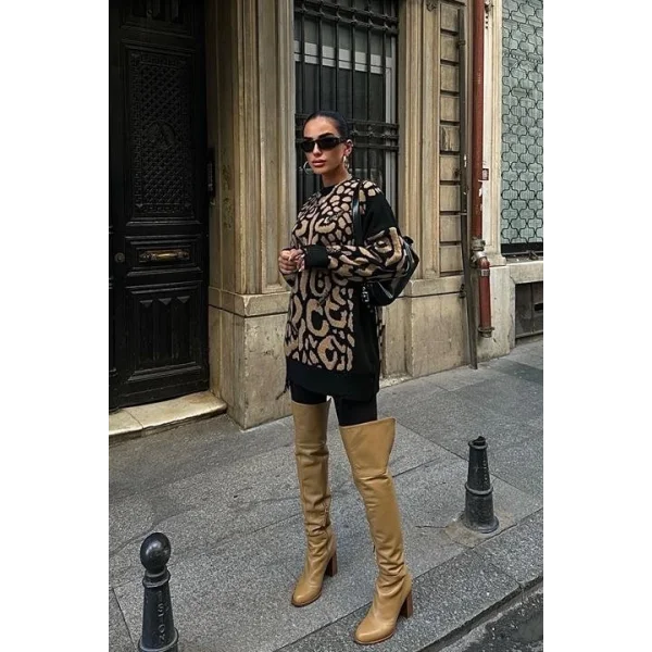 Leopar Desenli Yırtık Detaylı Kazak 1344