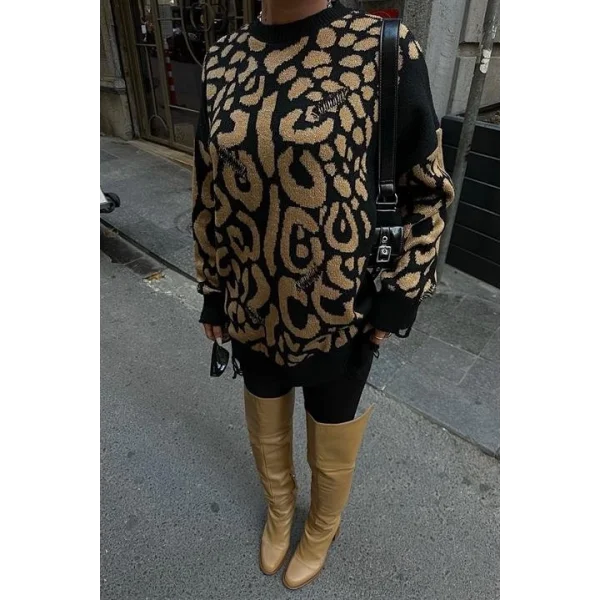 Leopar Desenli Yırtık Detaylı Kazak 1344