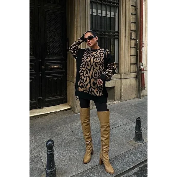 Leopar Desenli Yırtık Detaylı Kazak 1344
