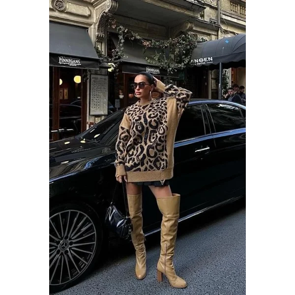 Leopar Desenli Yırtık Detaylı Kazak 1344