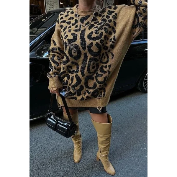 Leopar Desenli Yırtık Detaylı Kazak 1344