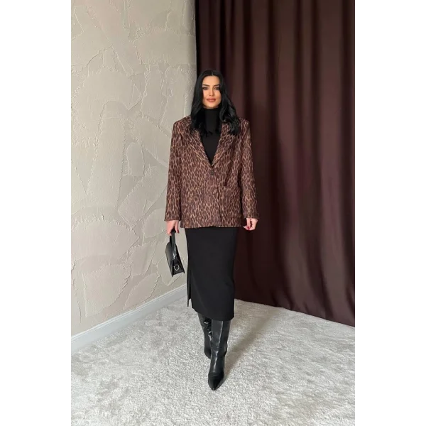 Leopar Yakası Kürk Garnili Desenli Ceket
