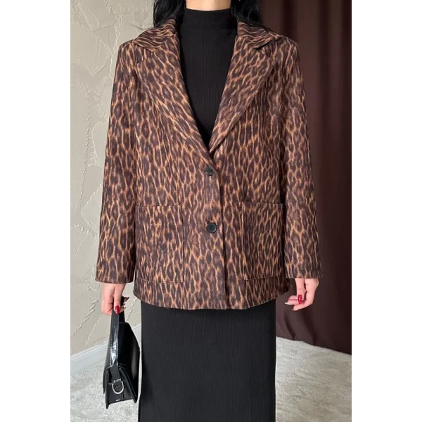 Leopar Yakası Kürk Garnili Desenli Ceket