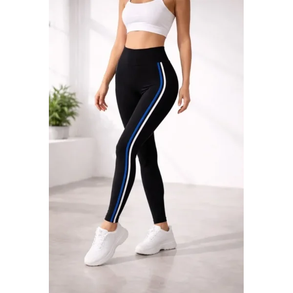 Likralı Yan Beyaz Mavi Şeritli Detaylı Tayt - Siyah