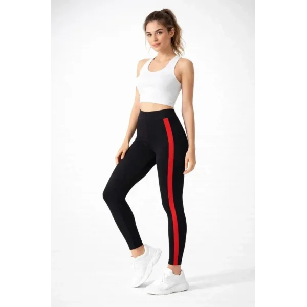 Likralı Yan Kırmızı Şeritli Detaylı Tayt - Siyah