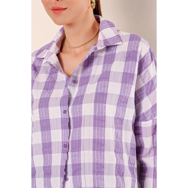 Lila Beyaz Kareli Desenli Oversize Uzun Basic Gömlek 3900