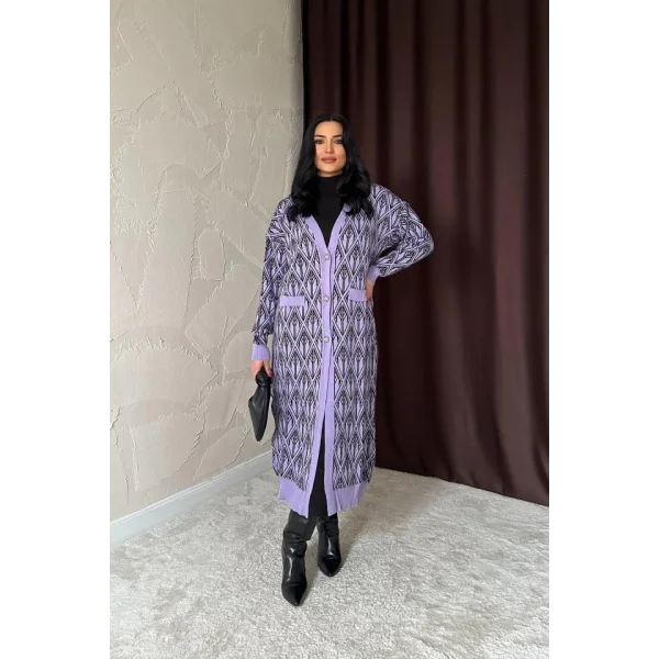 Lila Düğmeli Triko Hırka