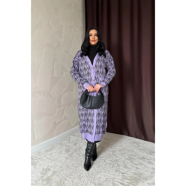 Lila Düğmeli Triko Hırka