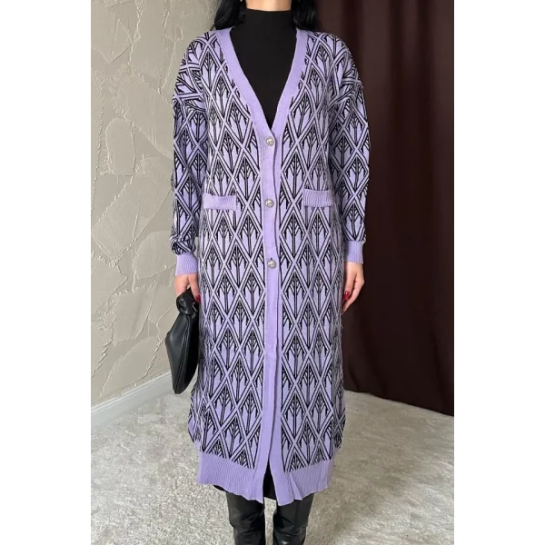 Lila Düğmeli Triko Hırka