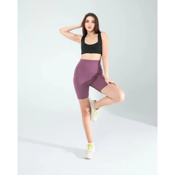Lila Fitilli Push Up Toparlayıcı Biker Spor Tayt