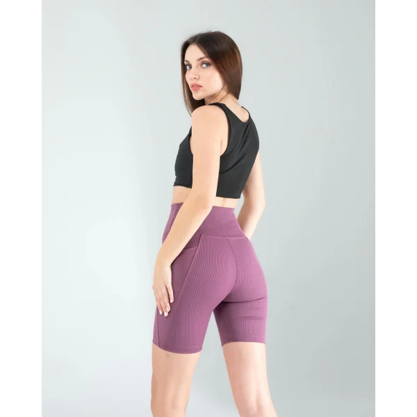 Lila Fitilli Push Up Toparlayıcı Biker Spor Tayt
