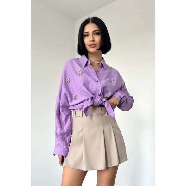 Lila Kristal Taşlı Gömlek