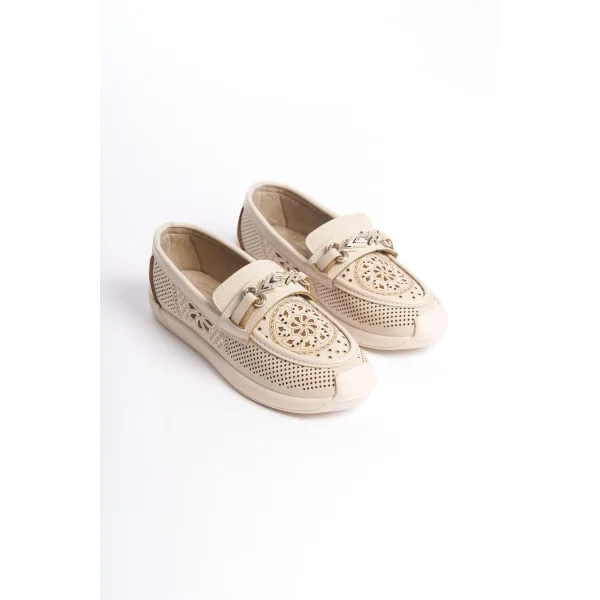 LILY Bağcıksız Ortopedik Rahat Taban Çiçek Desenli Kadın Babet Ayakkabı CKT - Krem