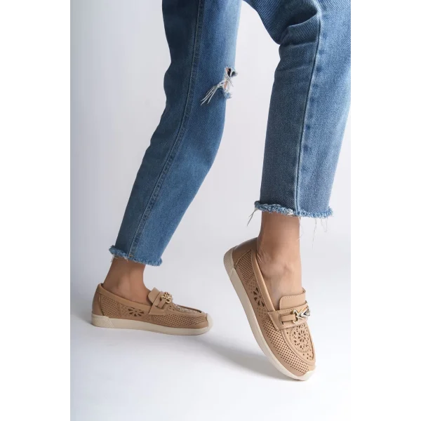 LILY Bağcıksız Ortopedik Rahat Taban Çiçek Desenli Kadın Babet Ayakkabı  CKT - Ten