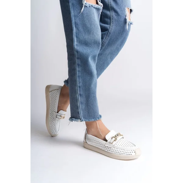 LILY Bağcıksız Ortopedik Rahat Taban Kalp Desenli Kadın Babet Ayakkabı  CKT - Beyaz