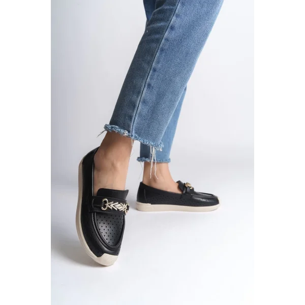 LILY Bağcıksız Ortopedik Rahat Taban Kalp Desenli Kadın Babet Ayakkabı  CKT - Siyah