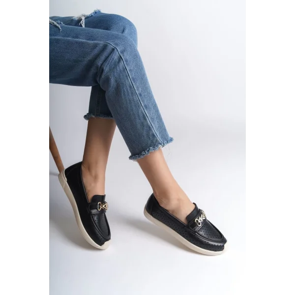 LILY Bağcıksız Ortopedik Rahat Taban Kalp Desenli Kadın Babet Ayakkabı  CKT - Siyah