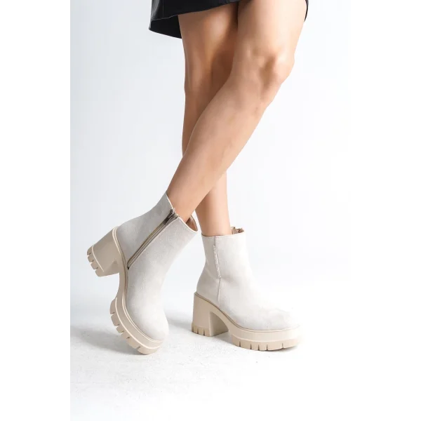 LISSE Fermuarlı Ortopedik Taban Kalın Topuklu Süet Kadın Bot  SKT-  Krem
