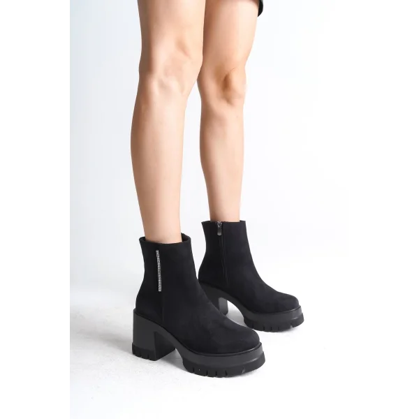 LISSE Fermuarlı Ortopedik Taban Kalın Topuklu Süet Kadın Bot SST - Siyah