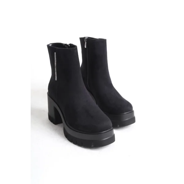 LISSE Fermuarlı Ortopedik Taban Kalın Topuklu Süet Kadın Bot SST - Siyah