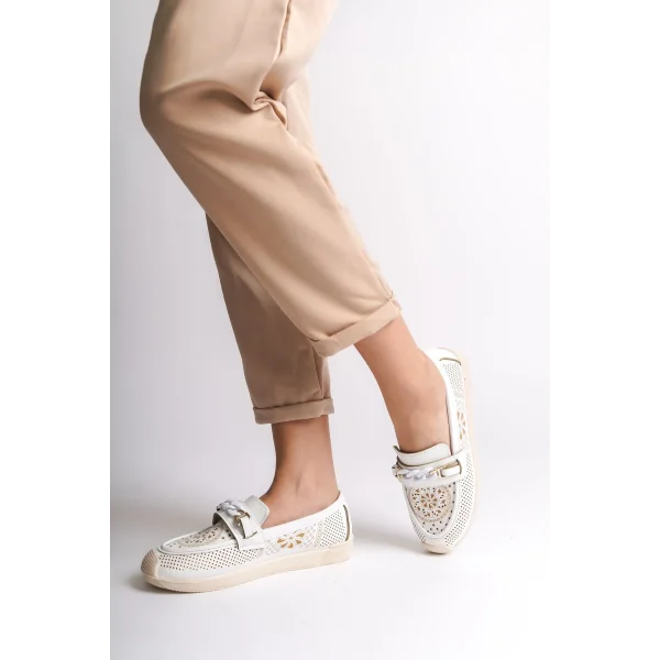 LIZY Bağcıksız Ortopedik Rahat Taban Çiçek Desenli Kadın Babet Ayakkabı  CKT - Beyaz