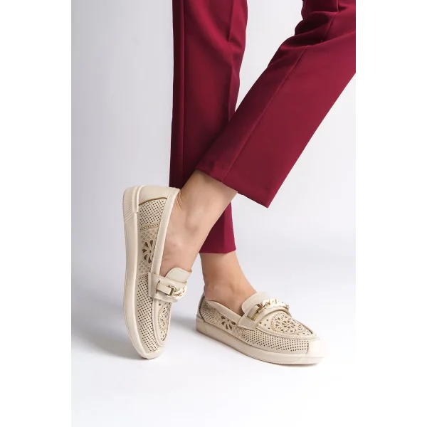 LIZY Bağcıksız Ortopedik Rahat Taban Çiçek Desenli Kadın Babet Ayakkabı  CKT - Krem