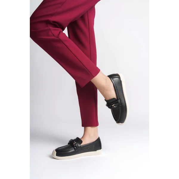 LIZY Bağcıksız Ortopedik Rahat Taban Çiçek Desenli Kadın Babet Ayakkabı  CKT - Siyah