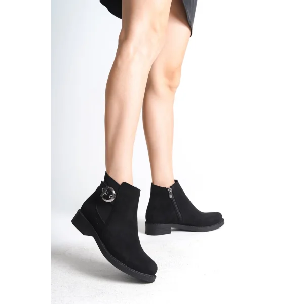 LUNA Fermuarlı Lastikli Ortopedik Taban Topuklu Süet Kadın Bot  SST - Siyah