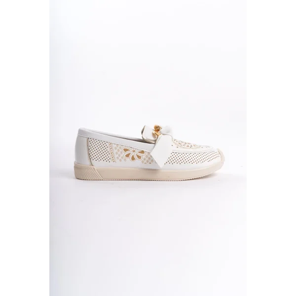 LYDIA Bağcıksız Ortopedik Rahat Taban Çiçek Desenli Kadın Babet Ayakkabı  CKT - Beyaz