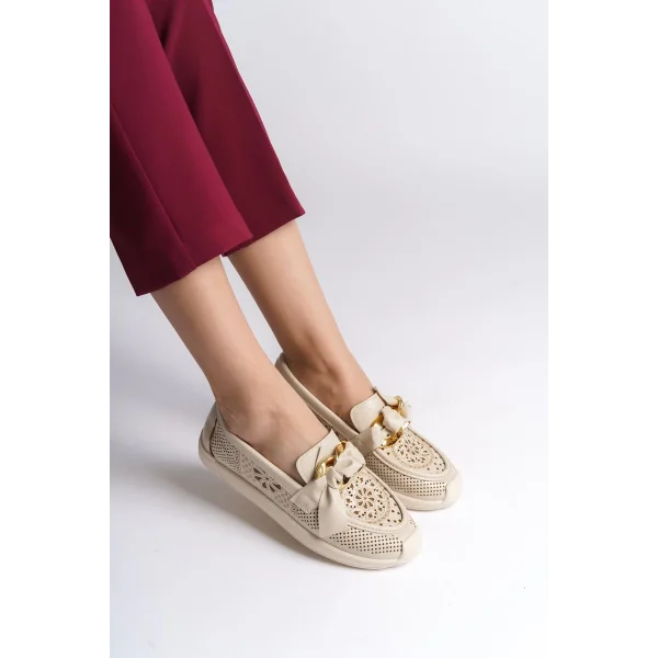 LYDIA Bağcıksız Ortopedik Rahat Taban Çiçek Desenli Kadın Babet Ayakkabı  CKT - Krem