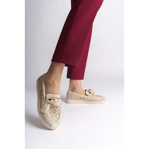 LYDIA Bağcıksız Ortopedik Rahat Taban Çiçek Desenli Kadın Babet Ayakkabı  CKT - Krem