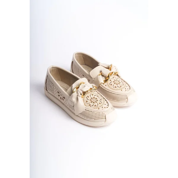 LYDIA Bağcıksız Ortopedik Rahat Taban Çiçek Desenli Kadın Babet Ayakkabı  CKT - Krem