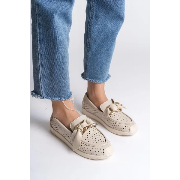 LYDIA Bağcıksız Ortopedik Rahat Taban Kalp Desenli Kadın Babet Ayakkabı  CKT - Krem