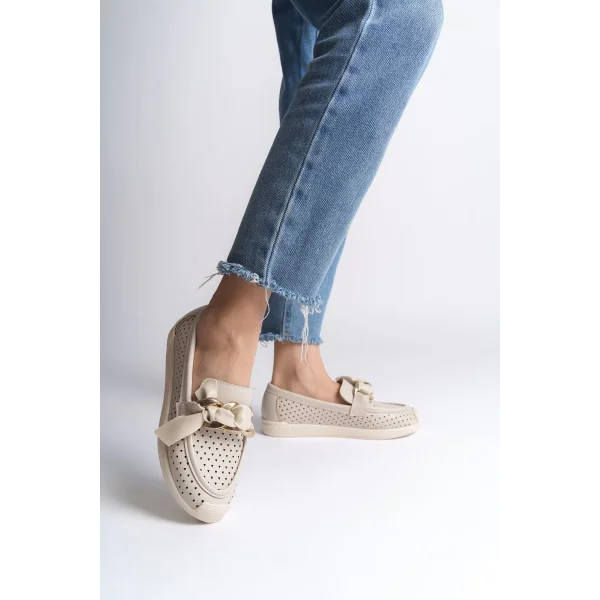 LYDIA Bağcıksız Ortopedik Rahat Taban Kalp Desenli Kadın Babet Ayakkabı  CKT - Krem