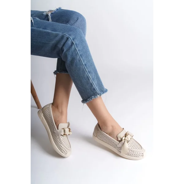 LYDIA Bağcıksız Ortopedik Rahat Taban Kalp Desenli Kadın Babet Ayakkabı  CKT - Krem