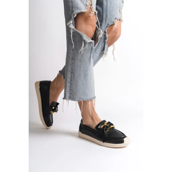 LYDIA Bağcıksız Ortopedik Rahat Taban Kalp Desenli Kadın Babet Ayakkabı  CKT - Siyah