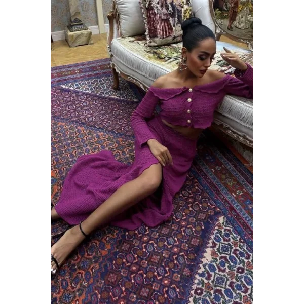 Madonna Yaka Derin Yırtmaç Etekli Şık Triko Takım 10099