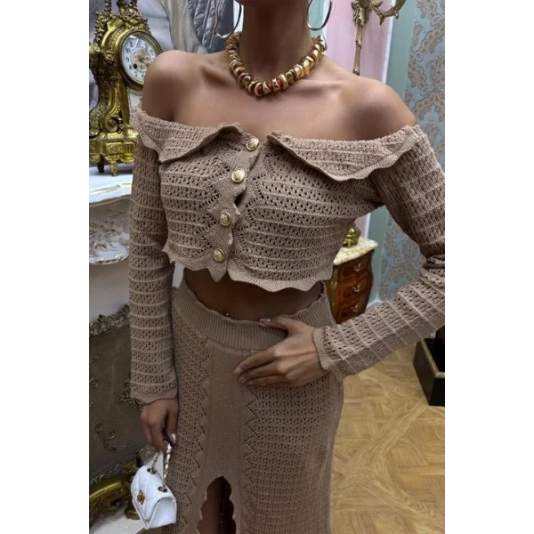 Madonna Yaka Derin Yırtmaç Etekli Şık Triko Takım 10099