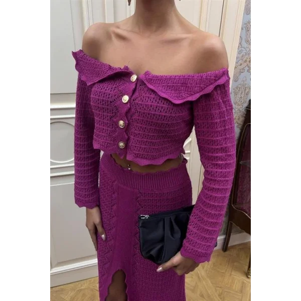 Madonna Yaka Derin Yırtmaç Etekli Şık Triko Takım 10099