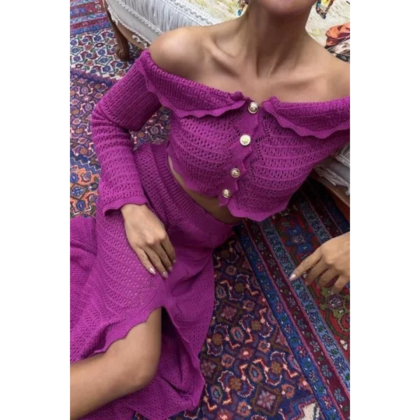 Madonna Yaka Derin Yırtmaç Etekli Şık Triko Takım 10099