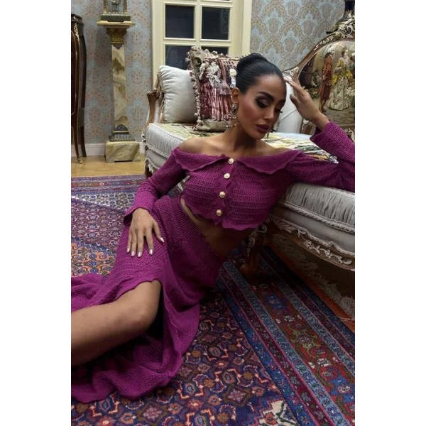 Madonna Yaka Derin Yırtmaç Etekli Şık Triko Takım 10099