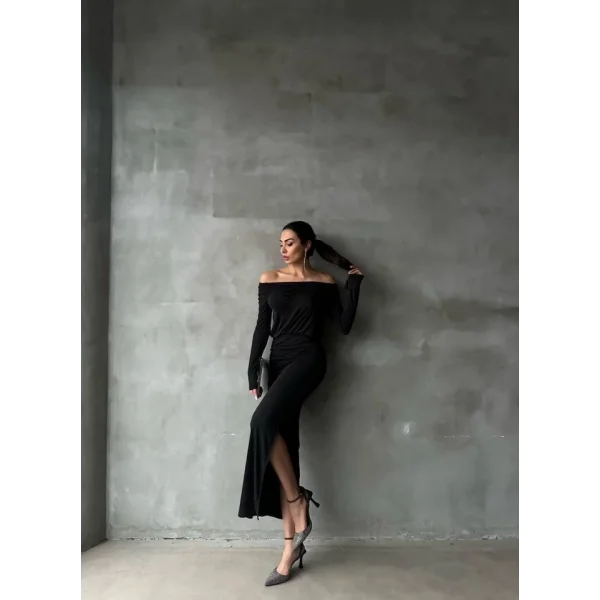 MADONNA YAKASI BÜZGÜLÜ ELBİSE - Siyah