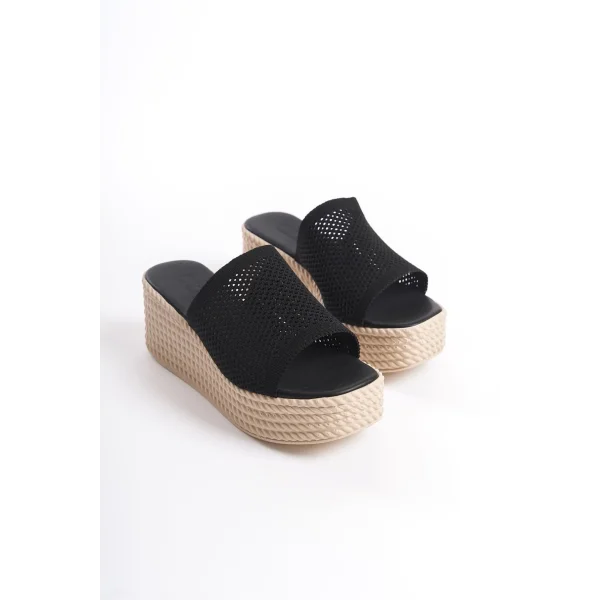 MARLA Dolgu Topuklu Ortopedik Taban Hasır Görünümlü Triko Kadın Terlik  TKT - Siyah