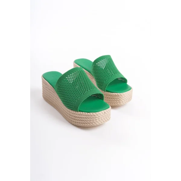 MARLA Dolgu Topuklu Ortopedik Taban Hasır Görünümlü Triko Kadın Terlik  TKT - Yeşil